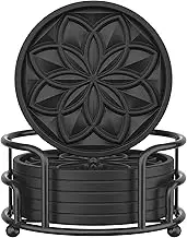 HFHOME Drink Coasters Set of 6 Packs with Holder - Round Black BPA Free Silicone with Stainless Steel Coaster Case Non-Slip Bottom Fits Any Size Cup Mug or Glasses
