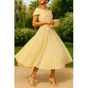 Gold Sparkle Jacquard A-Line Cocktail Dresses Elegant Dress Formal Wedding Tea Length Midi Length Sleeveless Off Shoulder with Pleats 2025