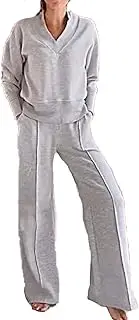 YELICAZE(イェリカゼ) [YELIKAZE] Women's Solid V Neck Tops & Pants Two Piece Set, 2024 Fall Sports Women's Long Sleeve Wide Leg Pants Suit, Two Piece Set for Women Fall Comfortable Travel Work Clothes