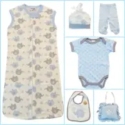 Baby Boy's Chick Pea Blue Gray Layette Bodysuit Pants Hat Sack Elephant 0-3 Mos