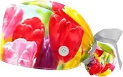 [WOSHJIUK] Working Hat 2 Pack Scrub Caps for Women,Tulips Flower Garden Colorful,Tie Back Cap Adjustable Scrub Hat