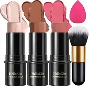 MKNZOME 3 Pcs Cream Contour Sticks, with Highlighter Stick Bronzer Stick Blush Stick Face Blush for Cheeks Eyes Lips, Highlighter Makeup with Makeup Brush and Sponge, Long Lasting, Waterproof