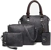[Tangyongjiao] Luggage & Bags 4 in 1 Crazy Horse Texture PU Leather Shoulder Bag Ladies Handbag Messenger Bag with Tassel (Black) (Color : Grey)
