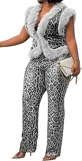 [Recious] Womens Sexy 2 Pieces Sequins Faxu Fur Leopard Printed Vest Jackets Bodycon Pants Party Clubwear Tracksuit Outfits Set