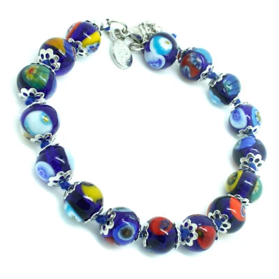 Murano Glass Bracelet Blue Multi Silver Millefiori Handmade Venice 15 Beads