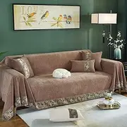 DREAMINGO Sofa Covers for 3 Cushion Couch Sofa Universal Furniture Protector Chenille Couch Cover for Dogs Cats Solid Luxury Jacquard Edge Couch Covers Sectional L Shaped (XX-Large, Brown)