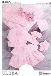 UKHKA/36 Shawl Cardigan Dress Hat Mitts & Bootees Baby Double Knitting Pattern