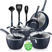Nutrichef Nonstick Cookware Excilon Home Kitchen Ware Pots & Pan Set with Saucepan Frying Pans, Cooking Pots, Lids, Utensil PTFE/PFOA/PFOS Free, 11 Pcs, Blue Diamond