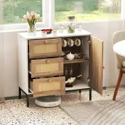 CostwayRattan Buffet Sideboard Accent Storage Cabinet with 3 Drawers and 1 Door-White
