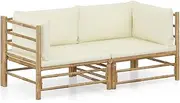 vidaXL Garden Lounge Set Terrace Patio Outdoor Backyard Dinner Seat and Table Seating Furniture 2 Piece with Cream White Cushions Bamboo