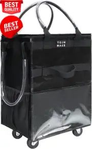 Large black reusable grocery bag with wheels, 8 pockets, foldable, 66 lb capacit
