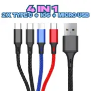 4 in 1 Fast Charging Cable USB Type C IOS Micro USB Nylon Braided 3A 8 Pin