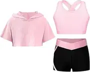 [Loodgao] Girls Athletic Tracksuit Short Sleeve Hooded with Sleeveless Sports Bra And Tumbling Shorts Set Activewear