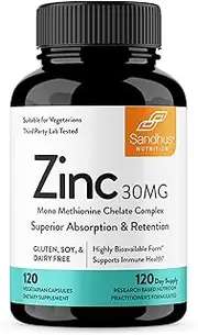 Zinc 30 mg -Zinc Methionine Highly Absorbable BioAvailable Antioxidant Immune Support Daily Vitamin Supplement for Men & Women 4 Months Supply 120 Vegetarian Capsules