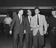 Frank Sinatra Dean Martin walking through lobby airlines termi- 1961 Old Photo