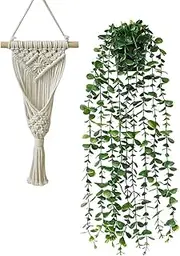 Avoik Artificial Eucalyptus Wall Hanging Decor, Artificial Hanging Greenery Plants, Macrame Plant Hanger with Faux Vines Hanging Planter for Boho Chic Home Office Bedroom Indoor Farmhouse Decor
