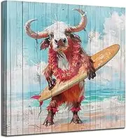 Arjun Animal Cow Canvas Wall Art Blue Ocean Cute Painting Woodgrain Coastal Teal Turquoise Picture Framed Beach for Bathroom Living Room Bedroom Nursery Room Kitchen Wall Decor, 14"x14" One Panel