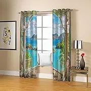 Exquisite Curtains for Kids Bedroom Sea & House W117cm (46") x D183cm (72") x 2 3D Pattern Microfiber Blackout Fabric Eyelet Window Drapes for Kids Nursery Playroom 2 Panels