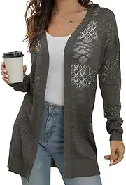 [GRECERELLE] Lightweight Long Sleeve Open Front Cardigan Loose Soft Drape Crochet Sweater Sun Protection Cover Up