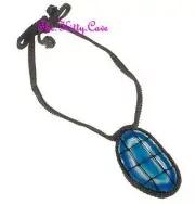 Semi Precious Sliced Brazilian Blue Agate Druzy Crochet Macramé Feature Necklace