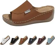 [Generic] Comfortable Arch Support Slides, 2025 Women'S Solid Color Sandals,Breathable Summer Orthotic Leather Platform Wedge Sandals