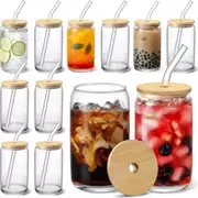 12Pcs Set, Glass Cups with Bamboo Lids and Glass Straw, 16 Oz Drinking Glasses