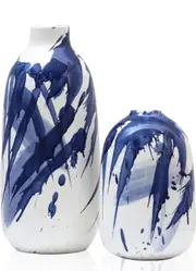 Ceramic Flower Base Blue Vase Set of 2 Navy Blue and White Porcelain