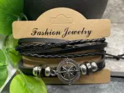 2 PC PU Leather Punk Bracelet Set Adjustable Tie New Free Ship Compass B3337