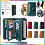 Women's RFID Blocking Faux Leather Wallet – Large Capacity Zipper Clutch with 24 Card Slots Wrist Strap