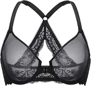 [DELIMIRA] Women's Front Closure Racerback Bra Sheer Mesh Plus Size Full Coverage Underwire Unlined Bras