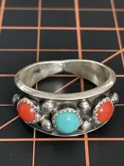 Native American Style Ring Turquoise Coral Sterling Silver size 12.25