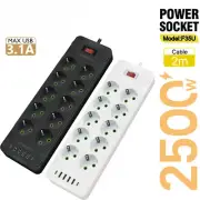 EU Plug AC Outlet Multitap Power Strip 2m Extension Cord Electrical Socket USB