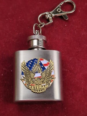 1oz Brushed STAINLESS STEEL MINI FLASK w/ Bronze "VETERAN" Emblem w/ Gift Box