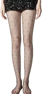 [Jieaissna] Heart Pattern Sheer Black Pantyhose for Women, 15 Denier Ultra-Thin Pantyhose, High-Waist Anti-Snag Design Stretchy Pantyhose, Black, One Size