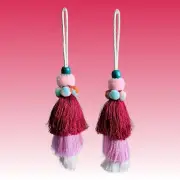 HANDMADE TASSEL - Green Wood Bead, Yarn Pom Pom - Backpack Deco - Red Pink White