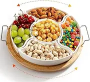 Ceramic Divided Serving Dishes with Bamboo Tray,360° Rotatable Serving Bowls with Handles for Party,5 Removable Relish Tray,11.2 Inch Appetizer Serving Tray for Chips & Dip, Veggies, Candy & Snacks