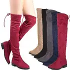 Womens Vegan Suede Rear Drawstring Tie Lace Up Over The Knee Pull On Riding Boot