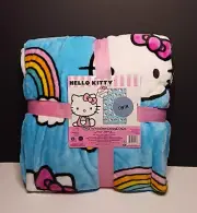 Sanrio Hello Kitty Plush Blanket Blue With Rainbow Twin XL New With Tags