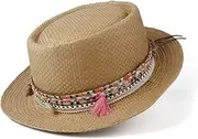[Artist Unknown] NA 100 % Straw Women Men's Sun hat Summer hat Ladies Punt Beach Panama Sun hat hat Size 57-60CM LightCoffee