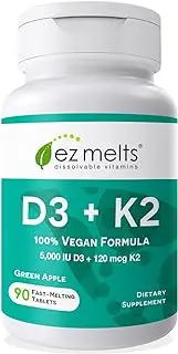 EZ Melts Vitamin D3 + K2 - Quick Melt Tablets with 5000iu of Plant Based D3 and 100mcg of Vitamin K2 - 90 Day Supply