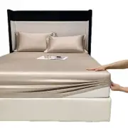 Catzon Soft Luxury Silky Satin Bed Sheets Pillowcase 3 Piece Set Bedding-RiceCamel
