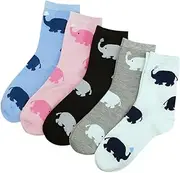 [Generic] Cute Elephant Print Crew Socks, 5 Pairs, UK Size 4-7, Assorted Colours, Elephant Gift, Blue, Pink, Black, Grey, White, 7 US