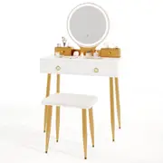 Costway Makeup Vanity Desk Set w/Touch Mirror & Drawers 3-Color LED Lighted Dressing Table & Cushioned Stool