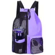 Purple Mesh Drawstring Swim Backpack with Wet Pocket - Lightweight Beach, Gym, O