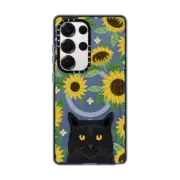 Galaxy S25 Ultra Impact Magnetic Case Black Cat sunflowers floral sunflower pattern cell phone clear case transparent pet friendly gifts