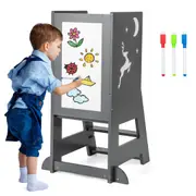 Costway 2-in-1 Step Stool Ladder Adjustable Tower Standing w/3 Water-based Pens & Whiteboard Toilet Training Grey