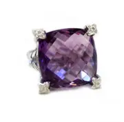 David Yurman 20mm Amethyst Ring Sterling Silver Diamonds 6
