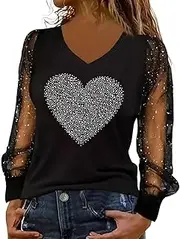 [Generic] Women Basics Top Shirts Glitter Sexy Graphic Tees Mesh Long Sleeve Tops Pattern Print V Neck Black Shirts Blouse Partywear Streetwear