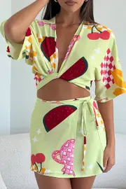 Green Abstract Tie Up Bolero Short Sleeve - Size 16XL, Women's Bolero