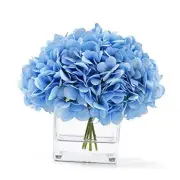 Silk Artificial Hydrangea in Vase with Faux Water, Silk Flower Blue